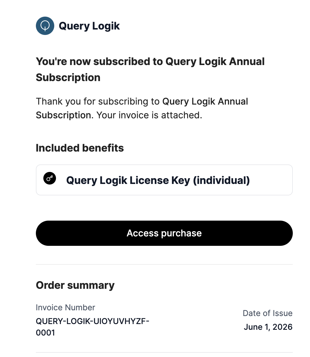Purchase receipt email with Access purchase button